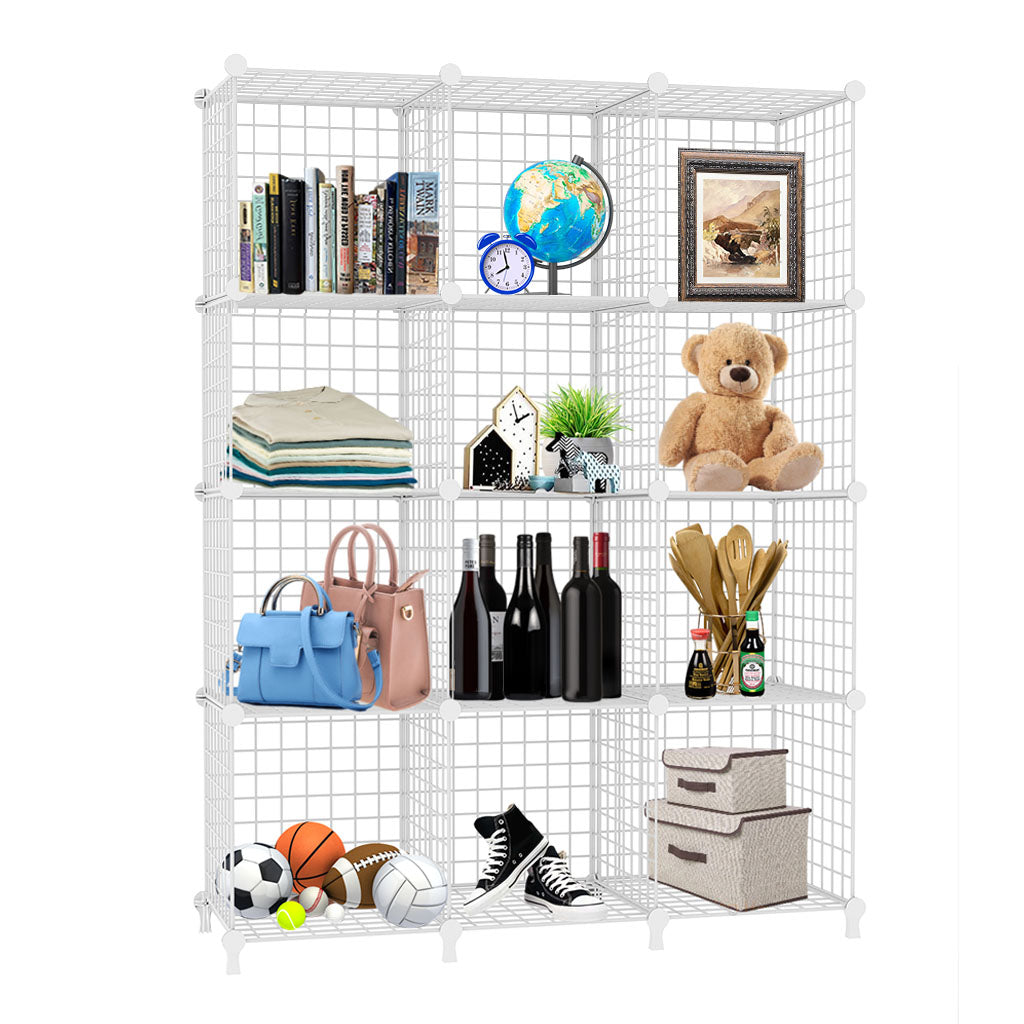NNEAGS White Portable 12-Cube 3 Column Storage Organiser Foldable DIY Modular Grid Space Saving Shelf