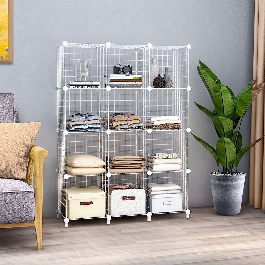 NNEAGS White Portable 12-Cube 3 Column Storage Organiser Foldable DIY Modular Grid Space Saving Shelf