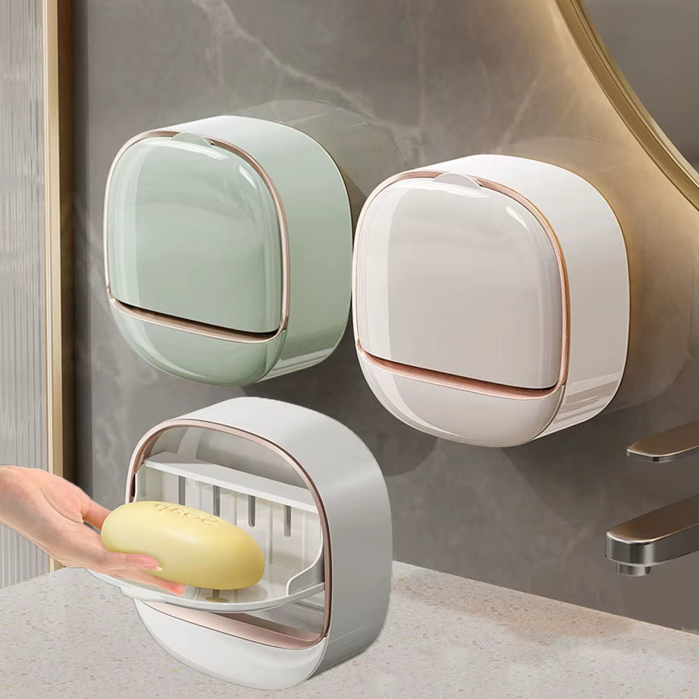 Luxury Soap Holder with Drain Tray, Waterproof Soap Dish Holder, Wall Mounted Drain Soap Box with Flip Lid for Bathroo