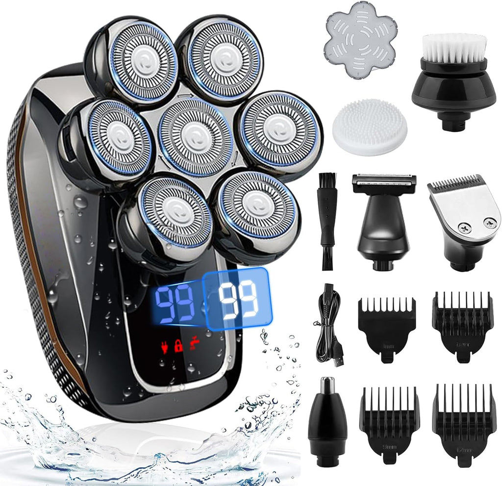Rasierer Herren Elektrisch, 7 in 1 Elektrorasierer Herren Mit 7 Rotierende Scherköpfe, IPX7 Wasserdichter Kopfrasierer, Elektrischer Rasierer Herren Bart Nasenhaar Trimmer Pflege Kit