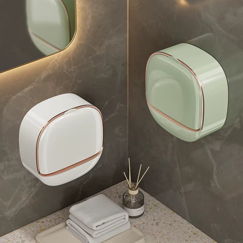 Luxury Soap Holder with Drain Tray, Waterproof Soap Dish Holder, Wall Mounted Drain Soap Box with Flip Lid for Bathroo
