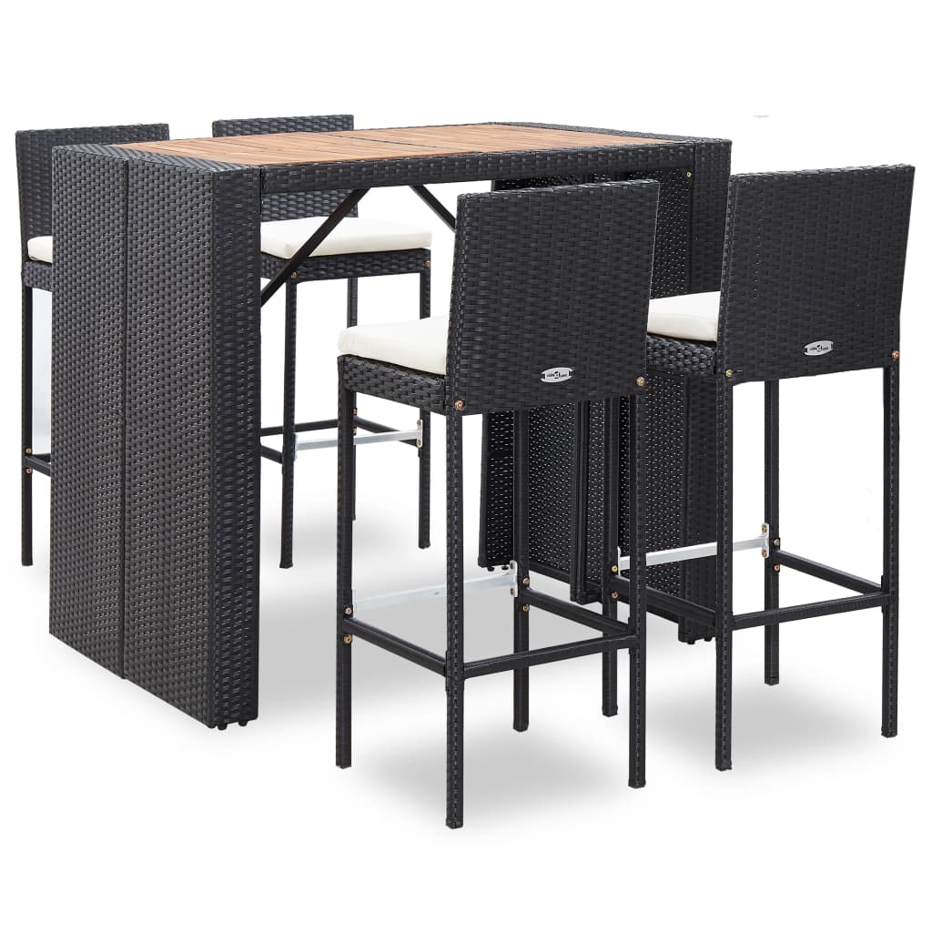 NNEVL 5 Piece Outdoor Bar Set Poly Rattan and Acacia Wood Black