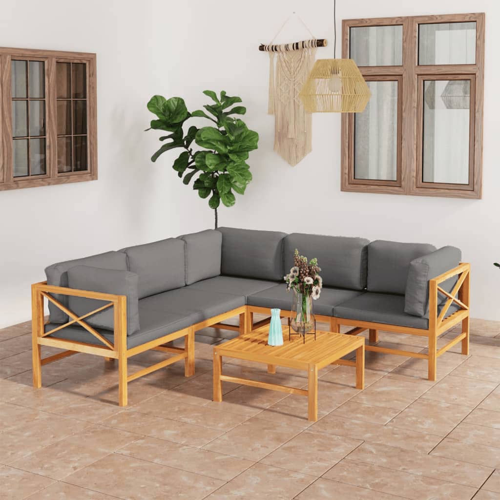 NNEVL 6 Piece Garden Lounge Set with Grey Cushions Solid Teak Wood