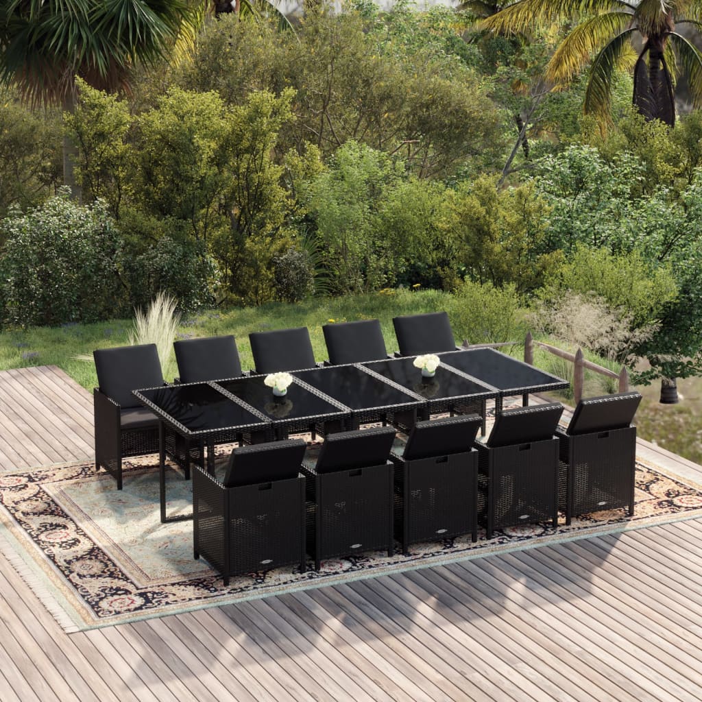 NNEVL 11 Piece Garden Dining Set with Cushions Poly Rattan Black