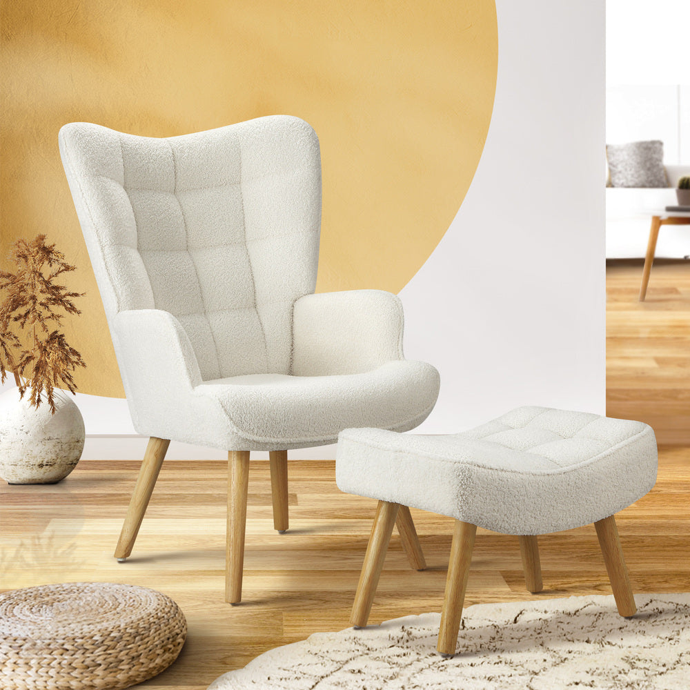 NNEED Armchair with Footstool Sherpa White