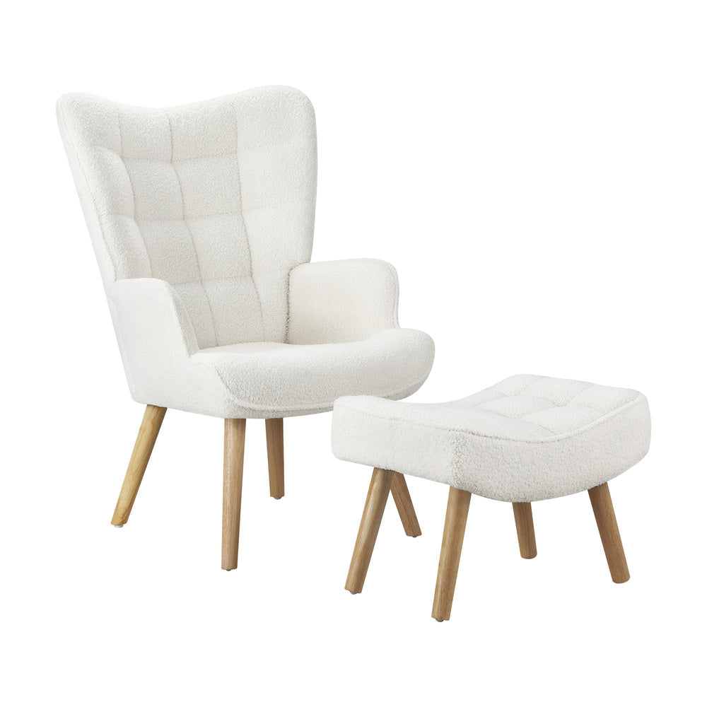 NNEED Armchair with Footstool Sherpa White