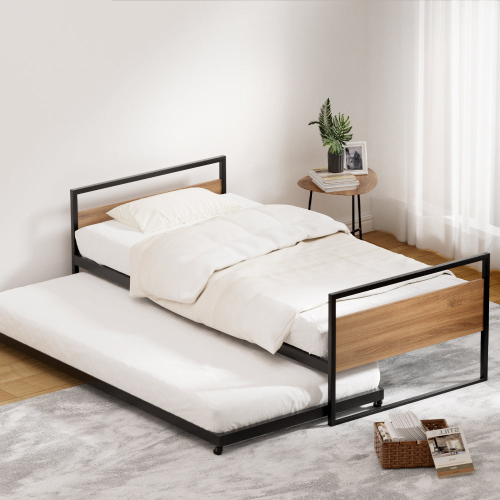 NNEDSZ Artiss Bed Frame 2x Single Size Metal Trundle Daybed DEAN