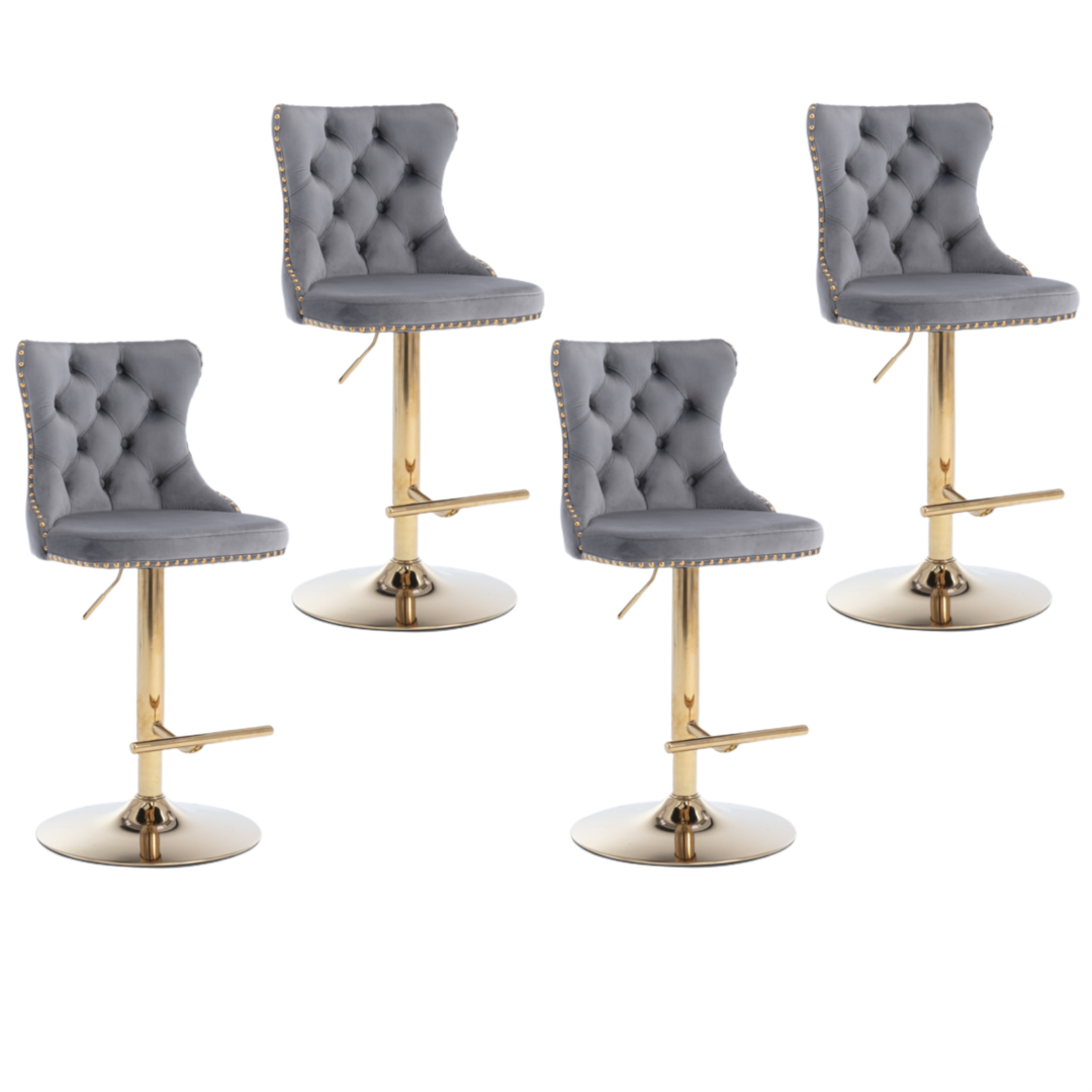 NNEDSZ 4x Height Adjustable Swivel Bar Stool Velvet Studs Barstool with Footrest and Golden Base- Grey