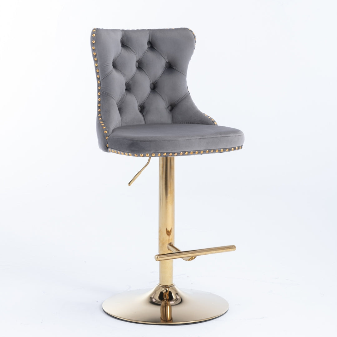 NNEDSZ 4x Height Adjustable Swivel Bar Stool Velvet Studs Barstool with Footrest and Golden Base- Grey