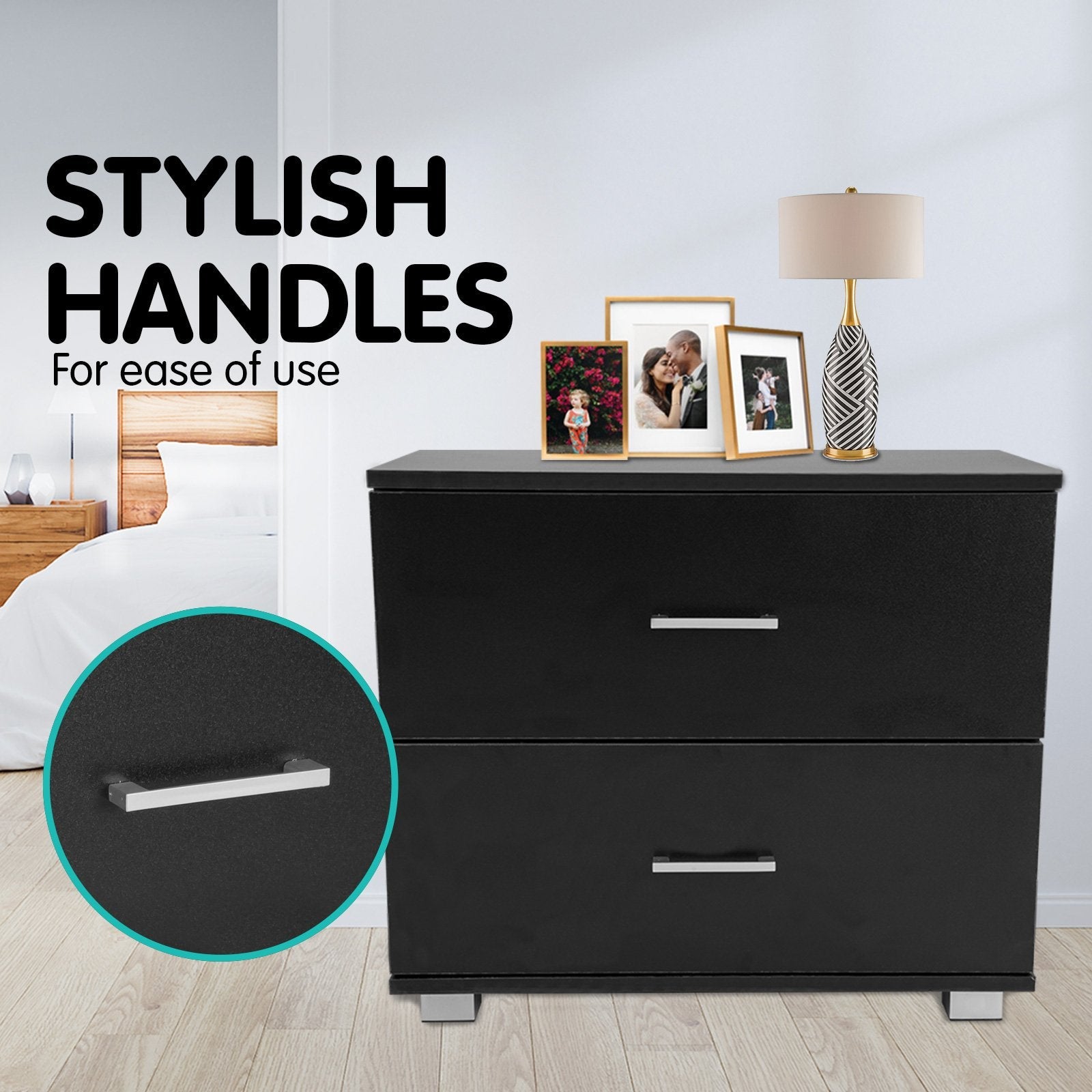 NNEDSZ Sarantino Bedside Table Cabinet Storage Chest 2 Drawers Lamp Side Nightstand - Black