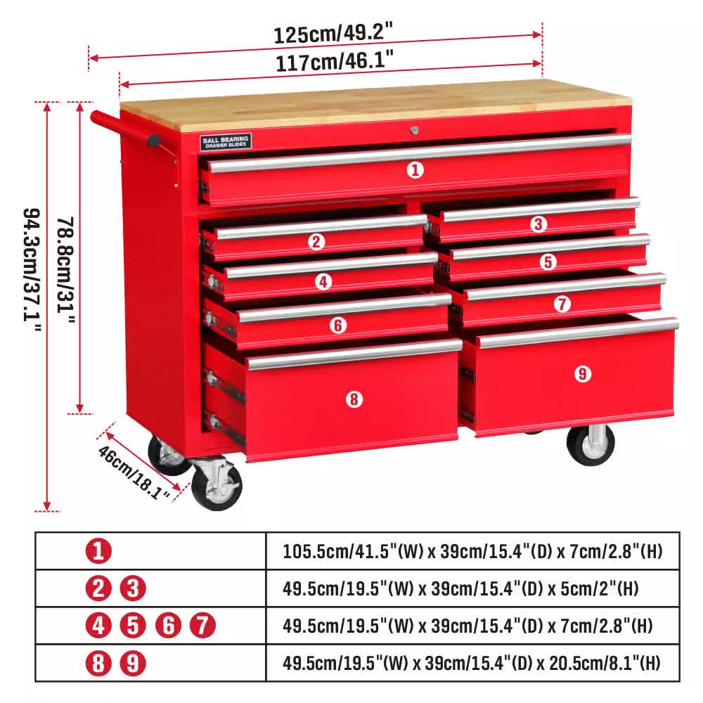 NNEDSZ 9 Drawers Tool Box Chest Cabinet Trolley Box Garage Storage Toolbox Red 1000lbs
