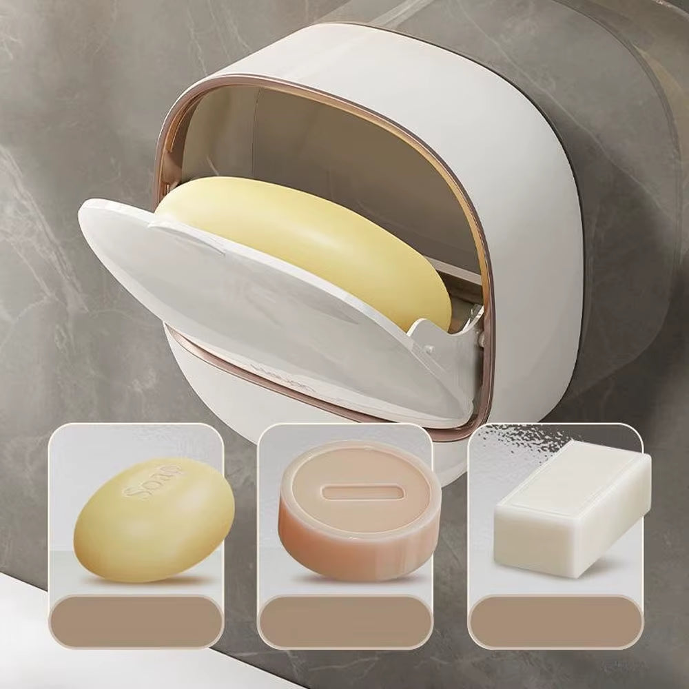 Luxury Soap Holder with Drain Tray, Waterproof Soap Dish Holder, Wall Mounted Drain Soap Box with Flip Lid for Bathroo