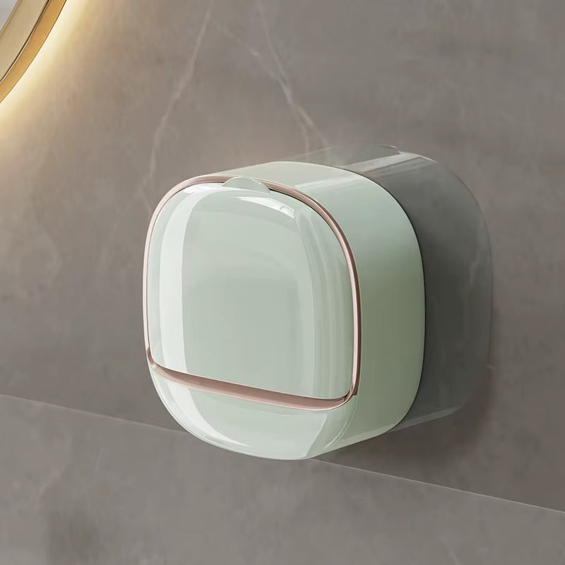 Luxury Soap Holder with Drain Tray, Waterproof Soap Dish Holder, Wall Mounted Drain Soap Box with Flip Lid for Bathroo