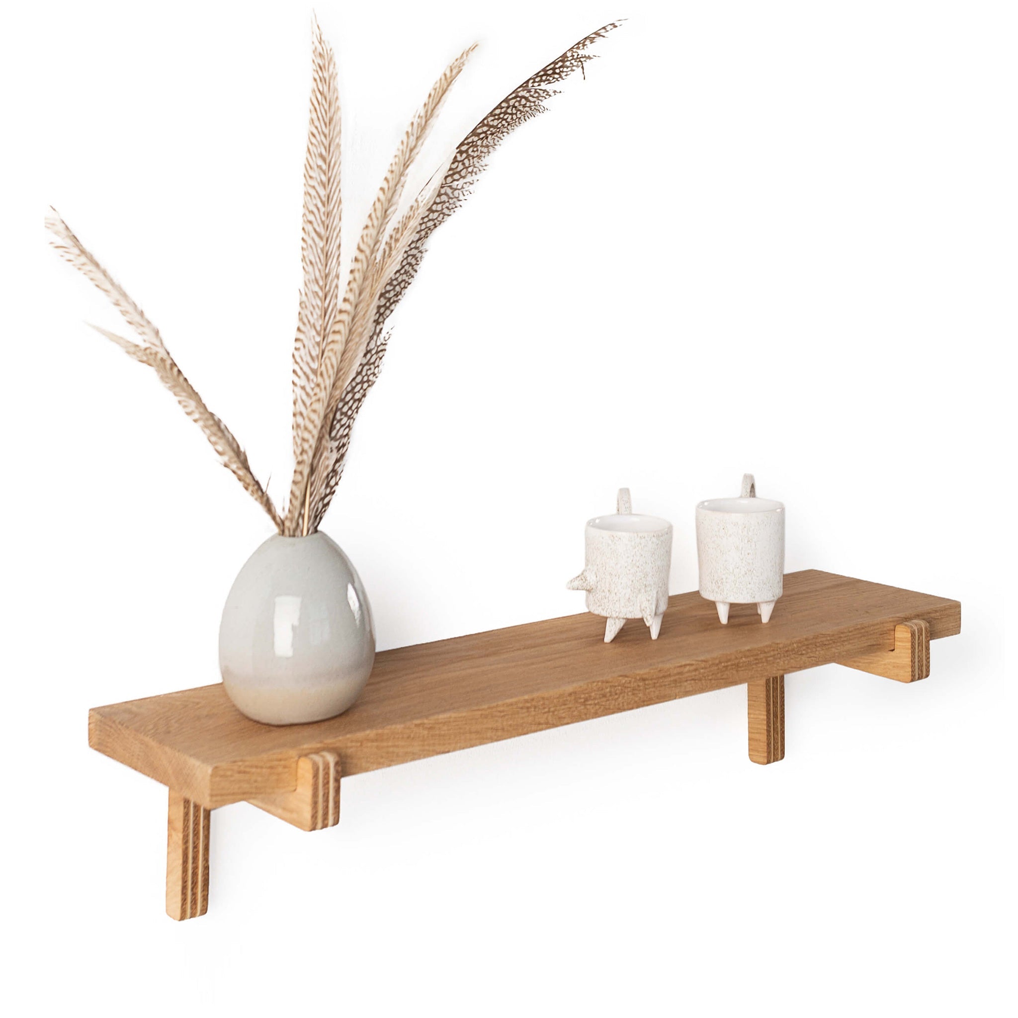 2 Floating Wooden Wall Shelves – Oak Shelves with Holders for Home & Office