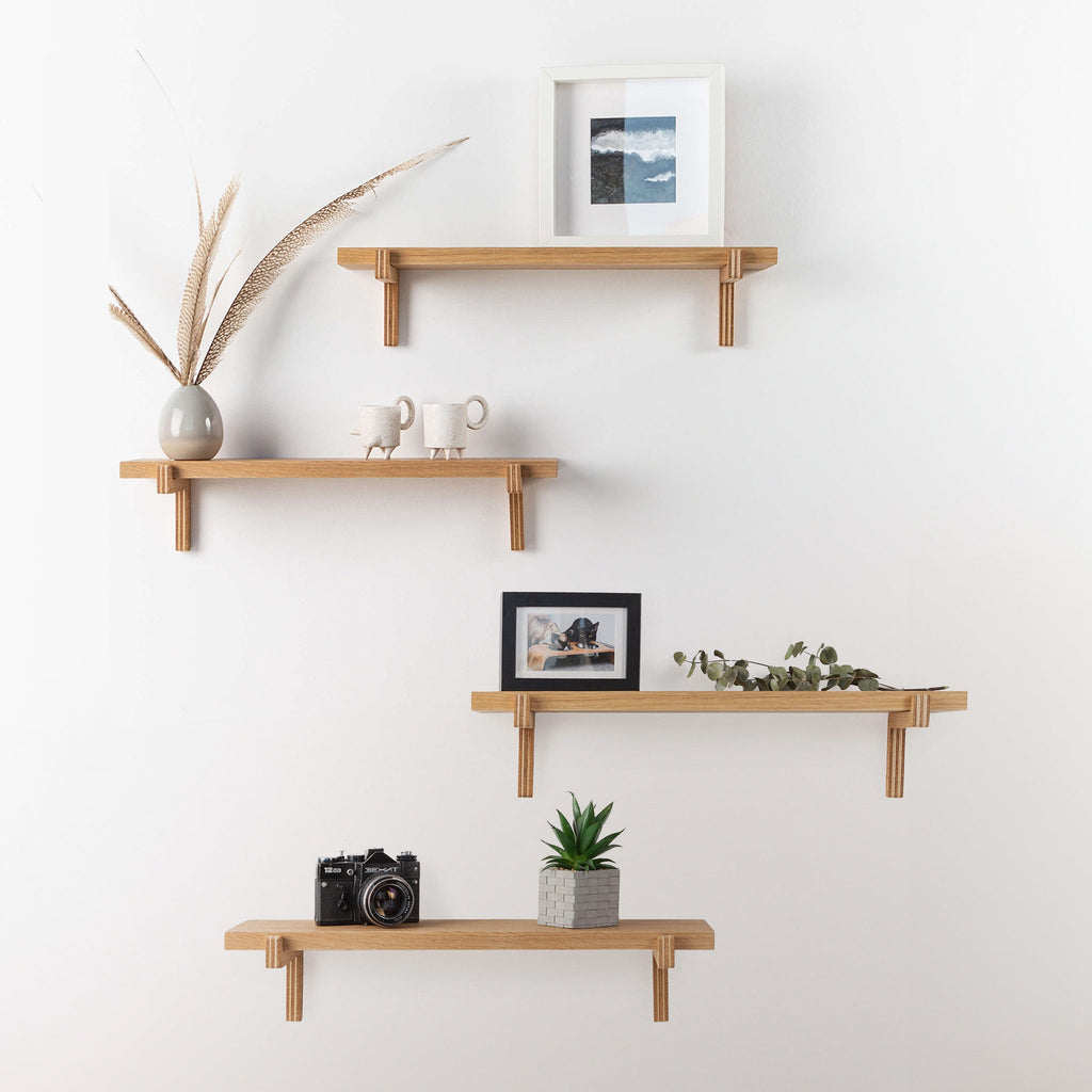 2 Floating Wooden Wall Shelves – Oak Shelves with Holders for Home & Office