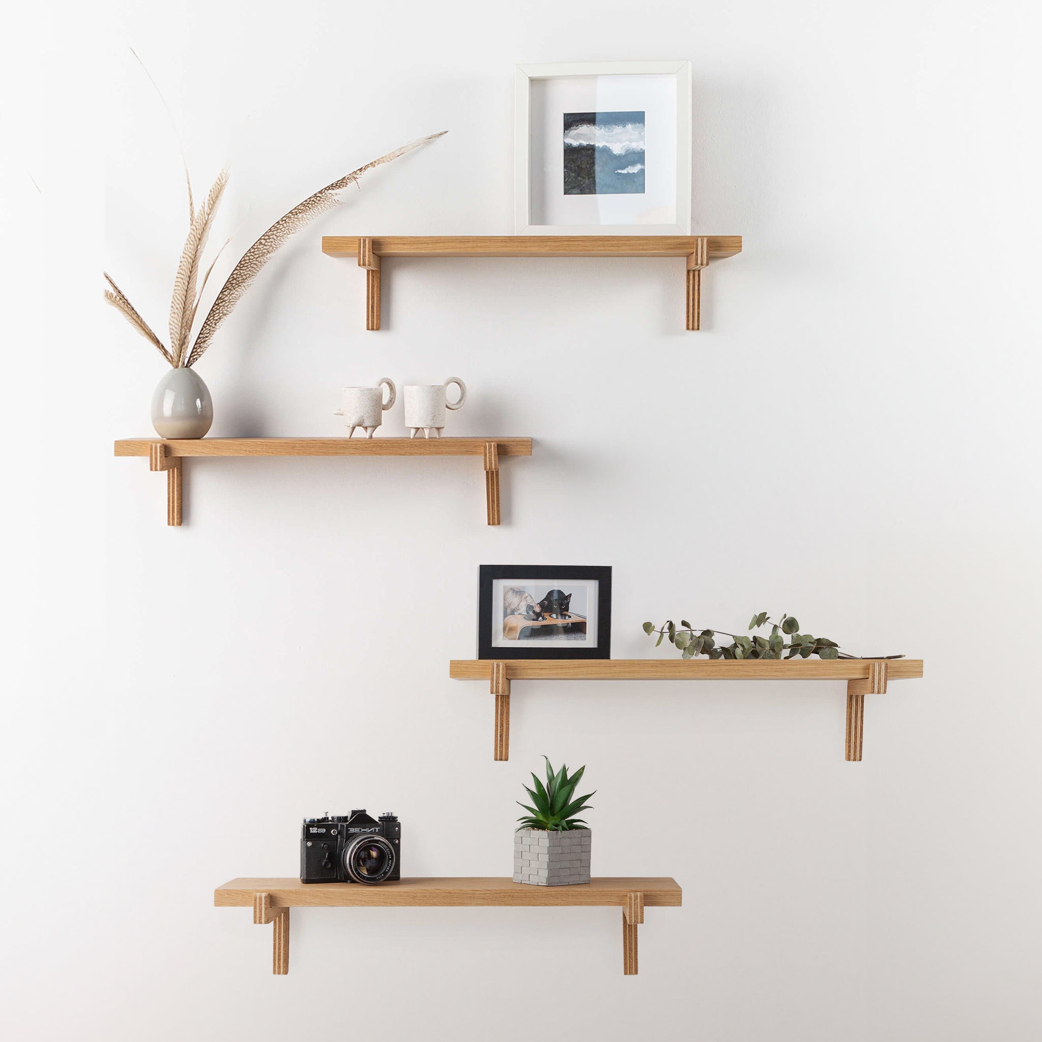2 Floating Wooden Wall Shelves – Oak Shelves with Holders for Home & Office